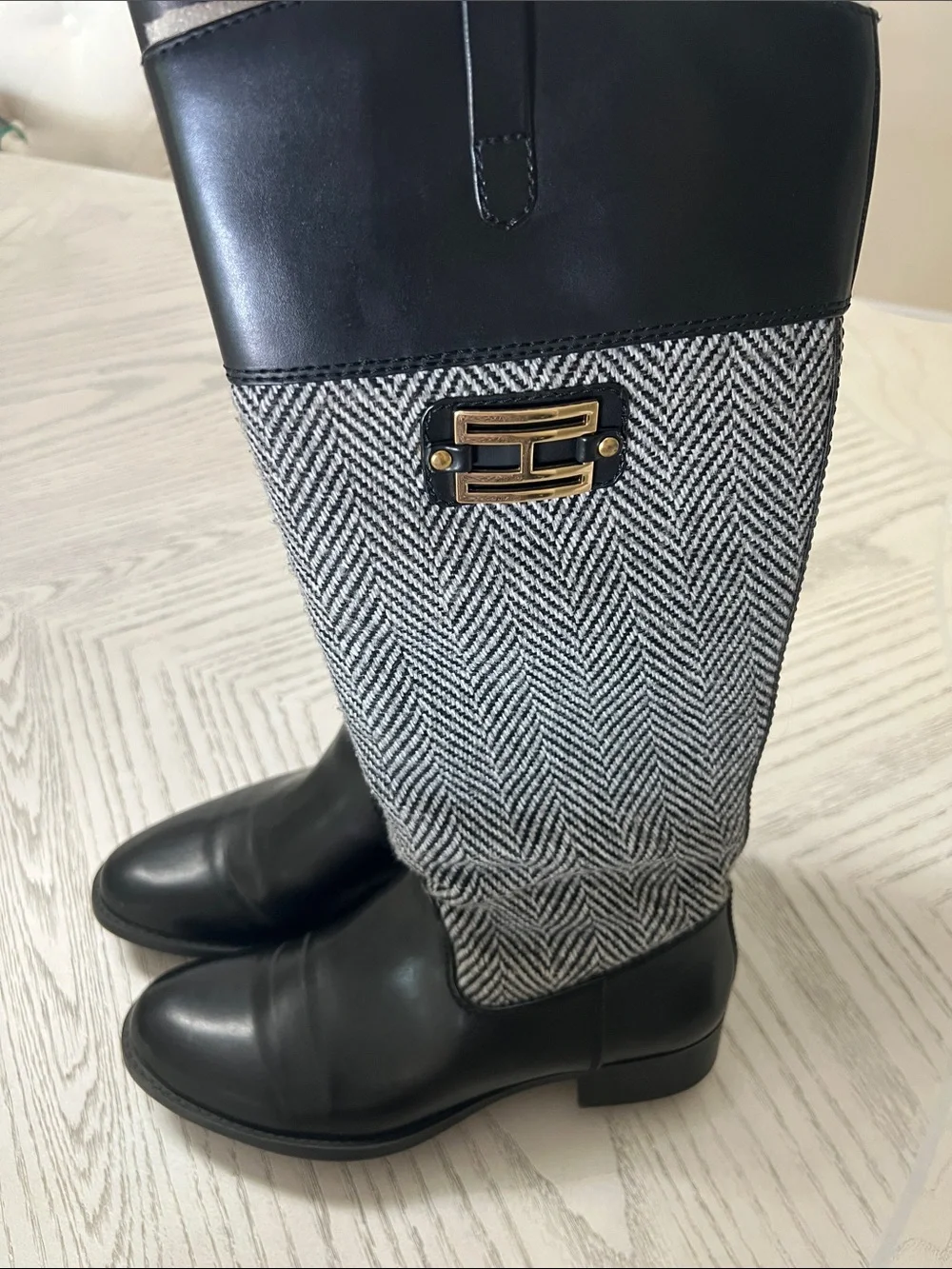 Black Leather and Herringbone Knee-High Riding Boots